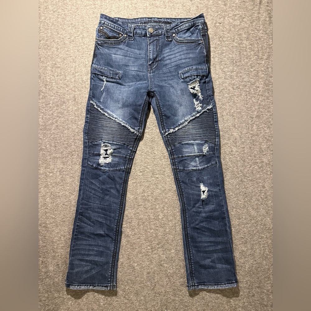 Rue 21 Premium Jeans men’s 34x32 blue Moto Grunge distressed embroidered Slim